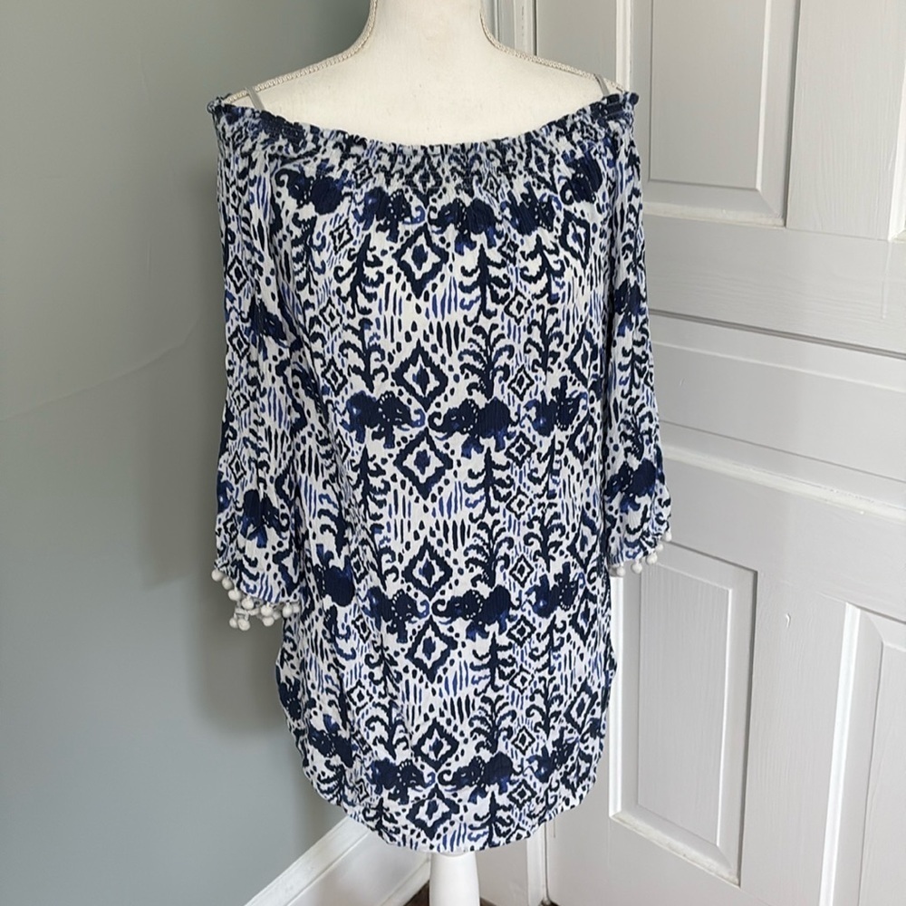 Lilly Pulitzer Nita Dress pompom blue white off shoulder summer cruise small - Picture 1 of 6